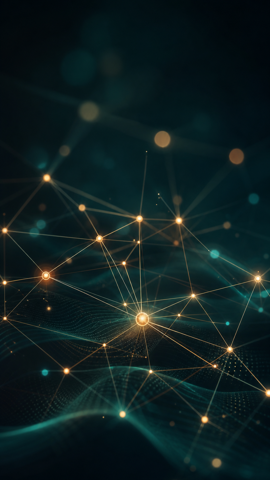 Luminous data network with connected copper and teal signal points